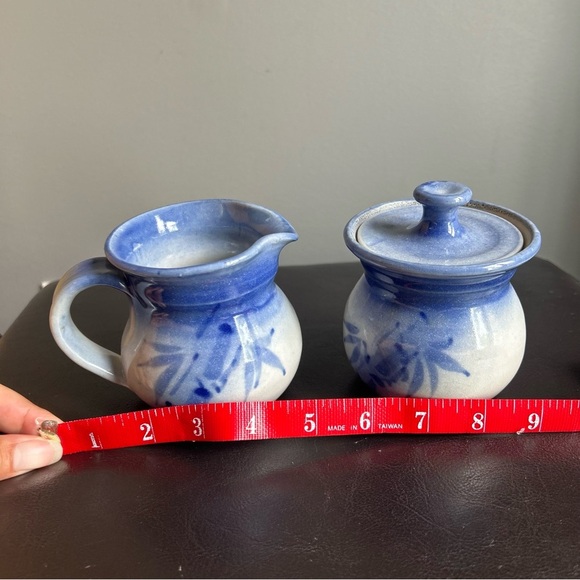 Blue & Grey Glossed Ceramic Cream and Sugar Bowls with Artisan Markings - Picture 10 of 12